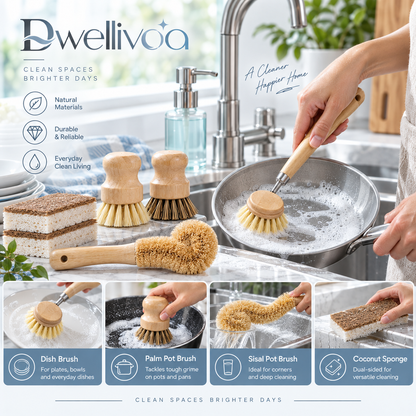 Dwellivoa® 6-Piece Bamboo Dish Brush Set