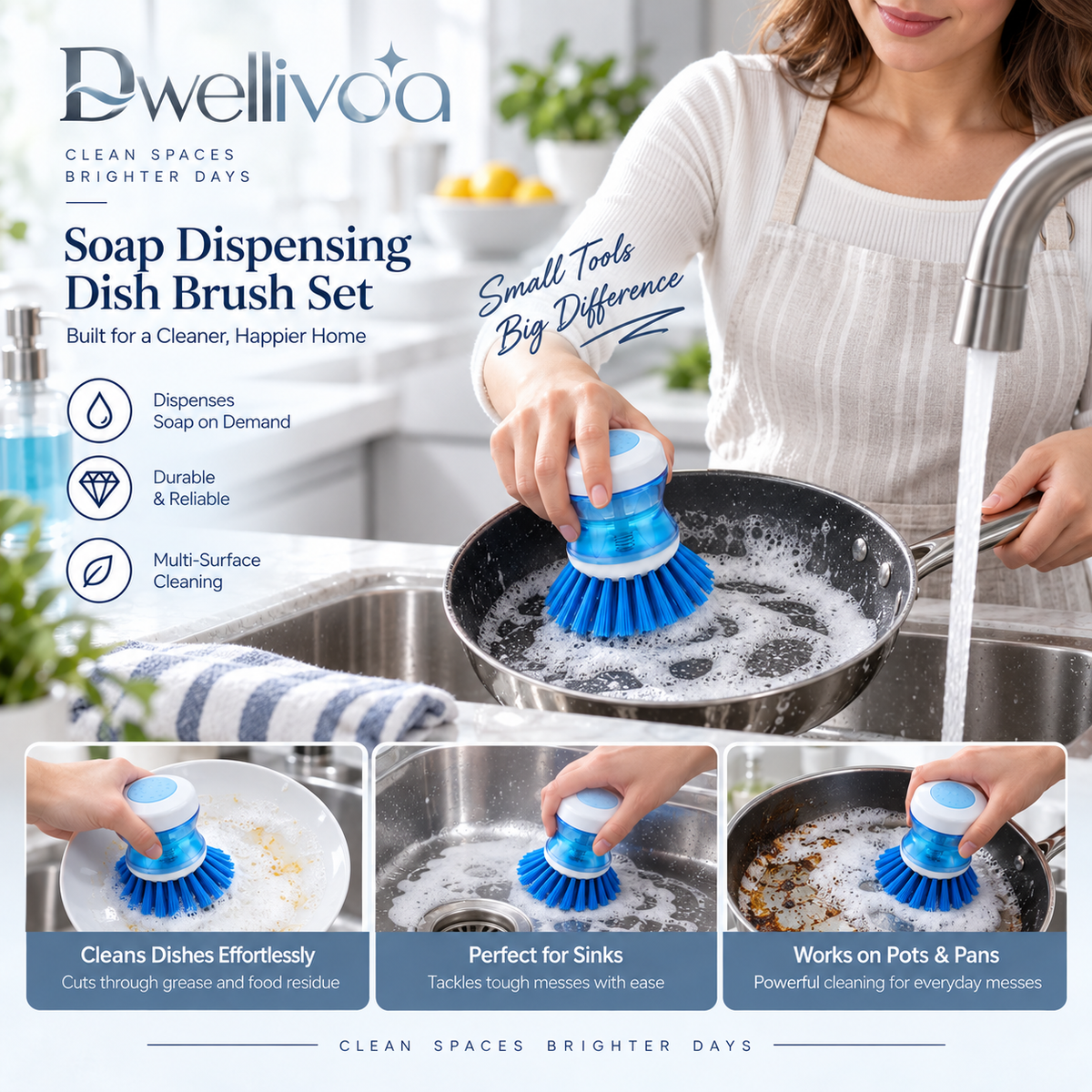 Dwellivoa® Press & Scrub Dish Brush Set