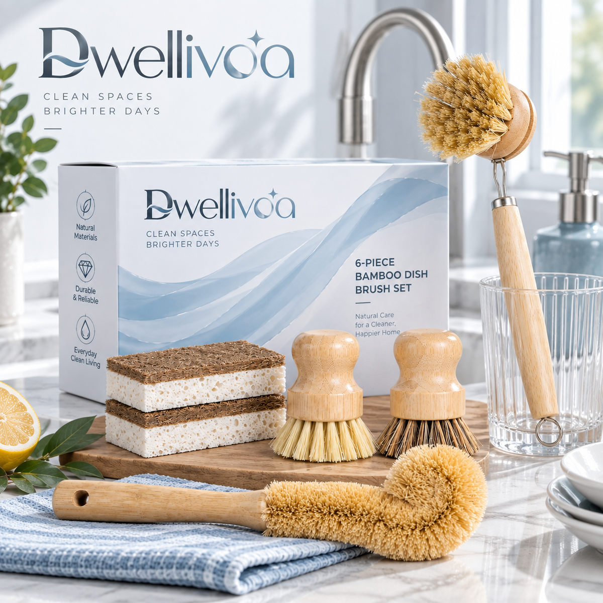 Dwellivoa® 6-Piece Bamboo Dish Brush Set