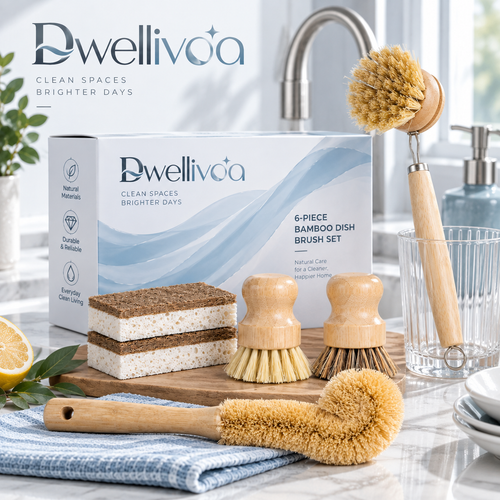 Dwellivoa® 6-Piece Bamboo Dish Brush Set