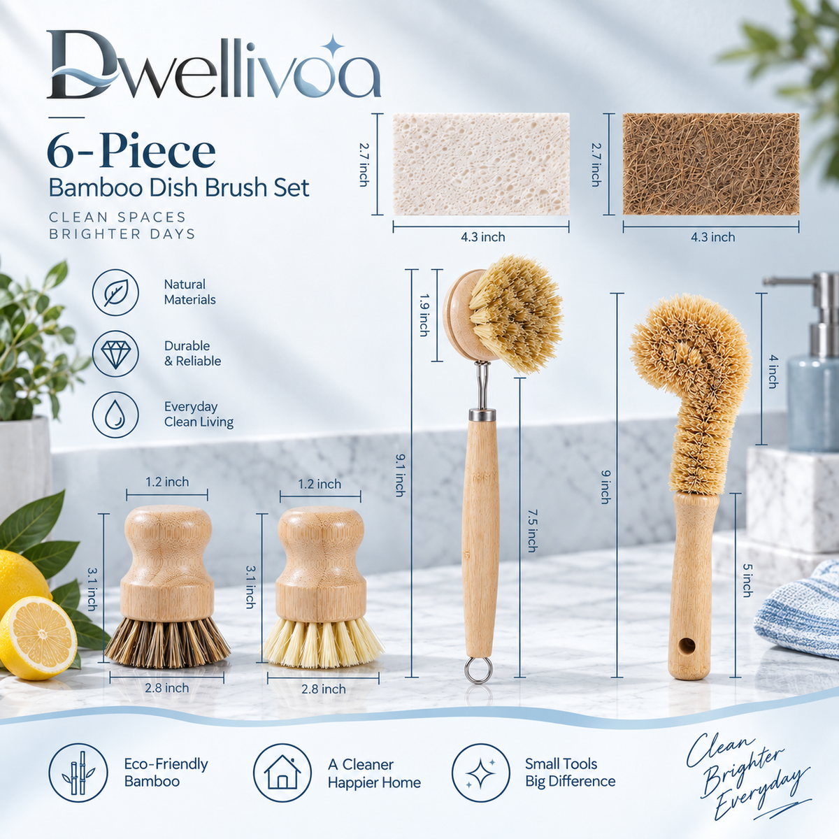 Dwellivoa® 6-Piece Bamboo Dish Brush Set