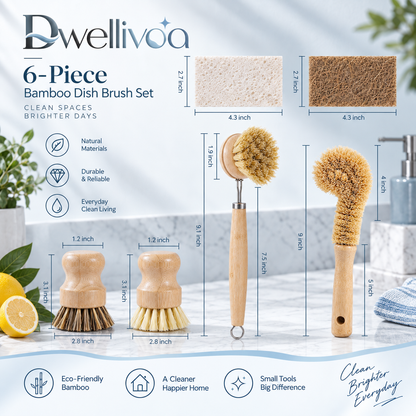 Dwellivoa® 6-Piece Bamboo Dish Brush Set